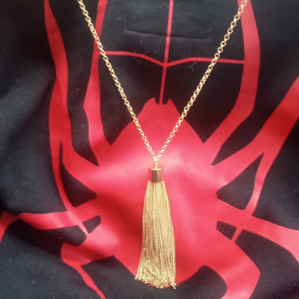 Long Gold Tone Necklace Tassle Charm New with Tags